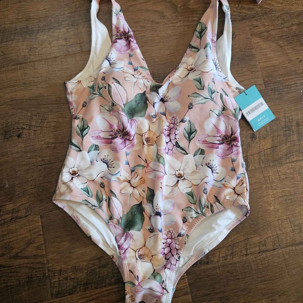 Posh Peanut Blush Floral V-Neck One-Piece Swimsuit
